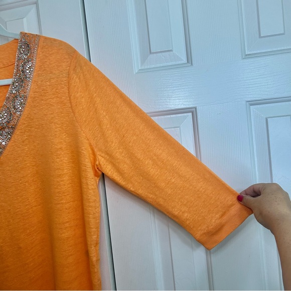 Chico's 100% Linen Orange Sequin V-Neck Long Line Tunic Size Large - Picture 5 of 16